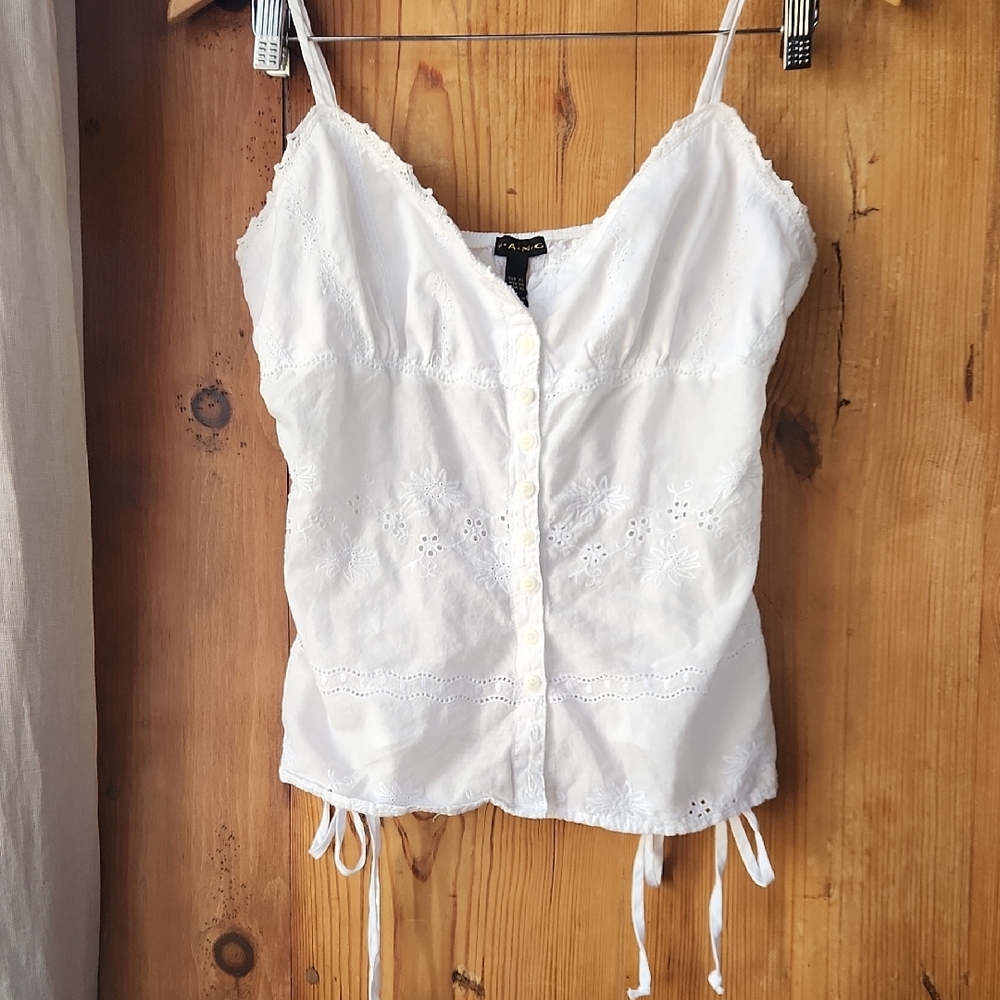 100% Cotton White Button-Front Camisole with Lace Detail